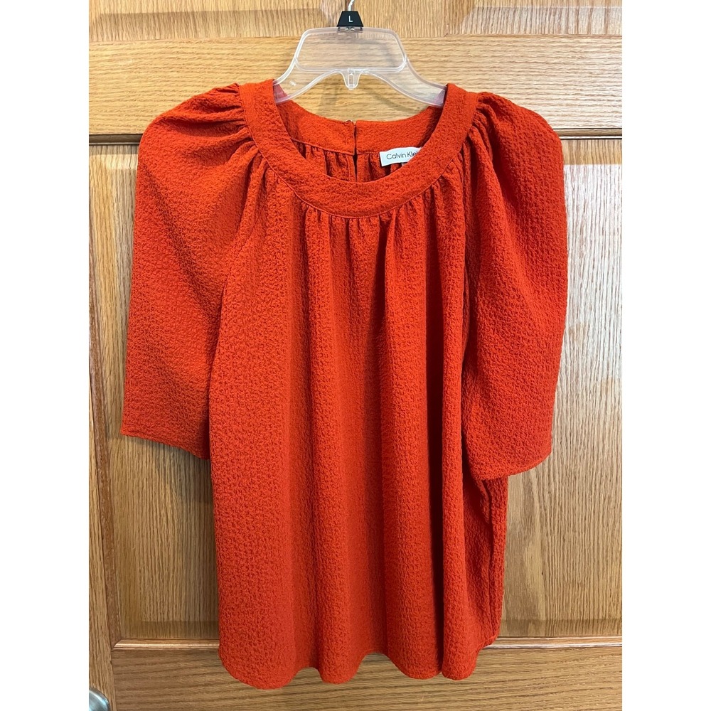 Calvin Klein Textured Puff Shoulder Blouse Clay oversized Cruise Resort Women M